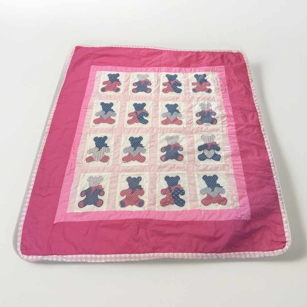 VTG Pink Teddy Bear Patchwork Quilt Throw Coverlet Baby Quilt Handmade 42” X 45”